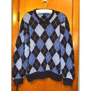 Tommy Hilfiger Mens Blue Pullover V Neck Argyle Diamond Sweater Size L